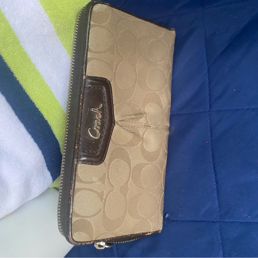 Coach Beige and Dark Brown Zip Accordion Wallet